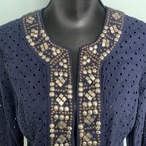 Chico's Navy Eyelet Metal Beaded Trim Western Jacket Size 1/M/8